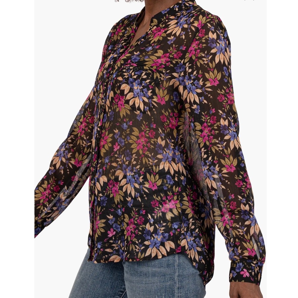 KUT from the Kloth Floral Sheer Button Down Roll Tab Blouse Black Purple Small - Picture 2 of 6
